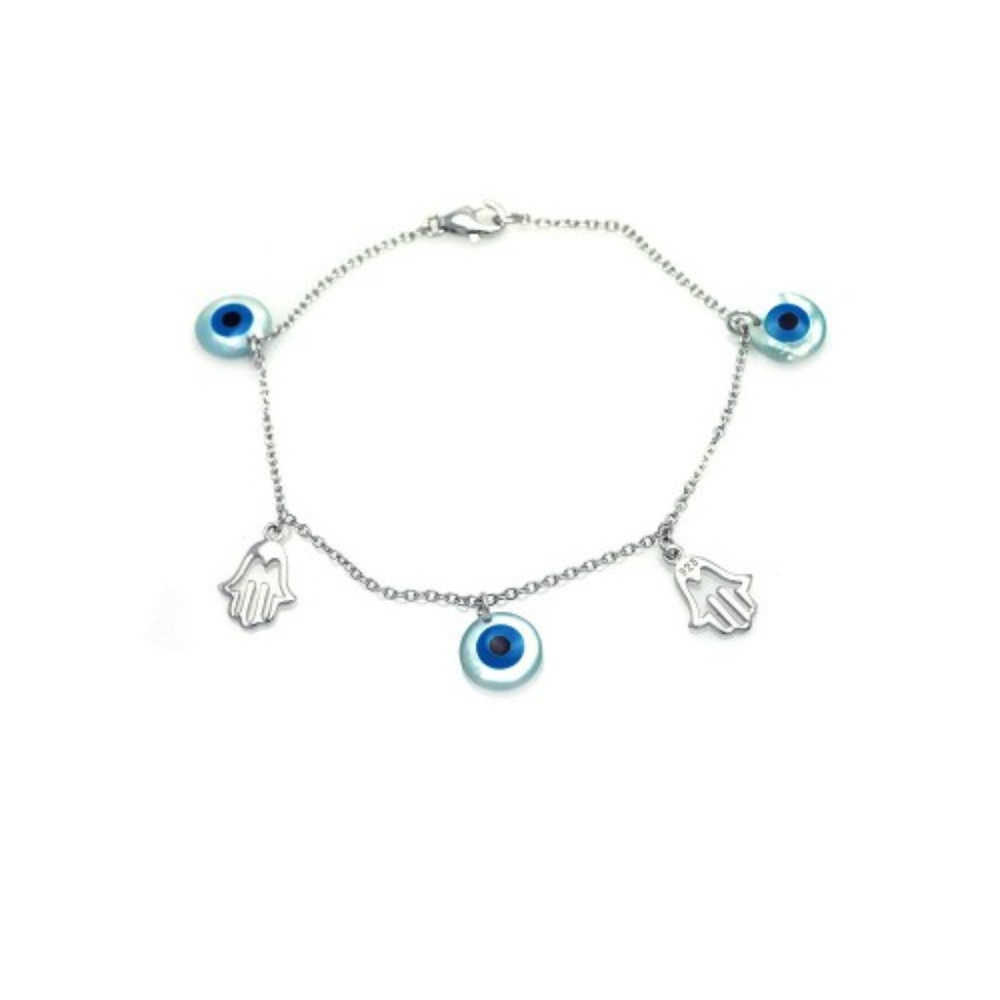 Sterling Silver Hamsa and Evil Eye Charm Bracelet